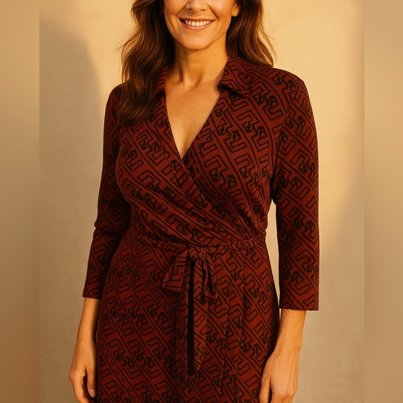 TAIS Red & Black Geometric Pattern Flattering Collared Wrap Dress women's Medium - Picture 1 of 6